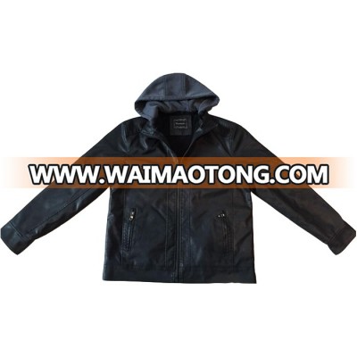 Fleece hood jacket fur lining washed pu leather coat in stock